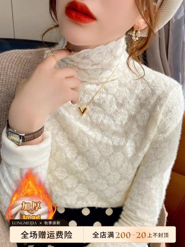 Velvet apricot color bottoming shirt for women, autumn and winter style, half turtleneck, long sleeves, lace, versatile, beautiful and chic, trendy top