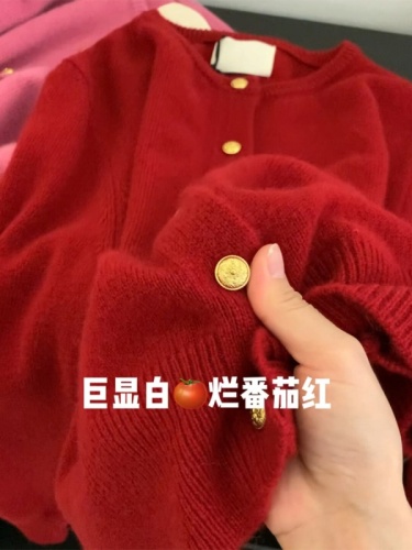 New Year red raccoon velvet knitted cardigan for women spring and autumn wool sweater jacket with small fragrance top