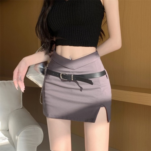 Actual shot of the new American retro hottie high-waisted slim and sexy belted slit A-line hip-hugging skirt