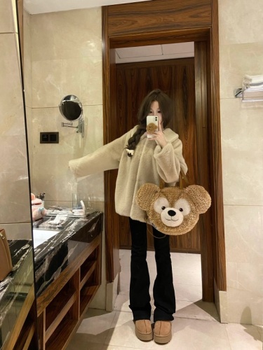 Korean style little white bear eco-friendly imitation fur lamb wool coat for women autumn and winter thickened lapel loose coat for women
