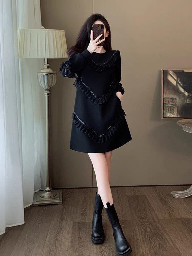 黑色高級感超好看連衣裙女秋冬時尚氣質小個子洋氣減齡針織裙子