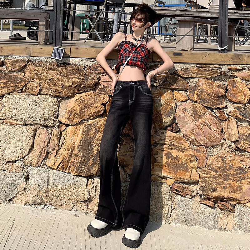 實拍~秋季新款修身高腰顯瘦牛仔褲女牛仔闊腿褲女微喇褲拖地褲YKK