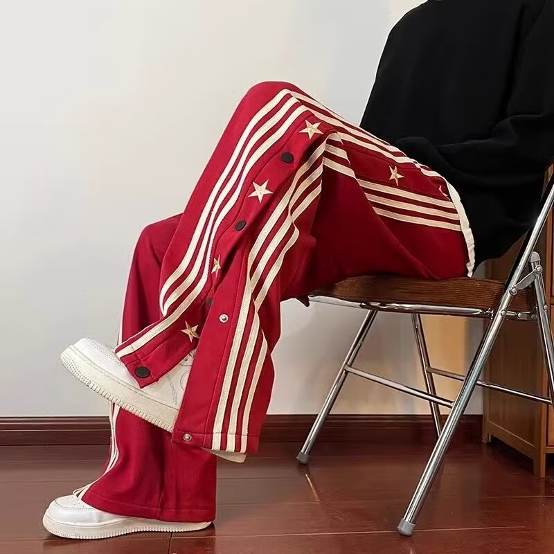 春季美式復古條紋排扣星星休閒褲男女hiphop炸街褲子高街直筒褲潮