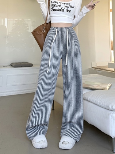 Real shot of pants women's striped pants casual pants elastic waist straight pants wide leg pants trousers