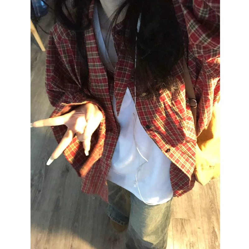 2024春夏韓版美式復古慵懶風寬鬆格子長袖襯衫女法式上衣薄款外套