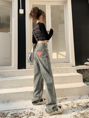 Real shot!  High street hot girl letter embroidered wide leg jeans high waist loose straight straight floor mopping pants