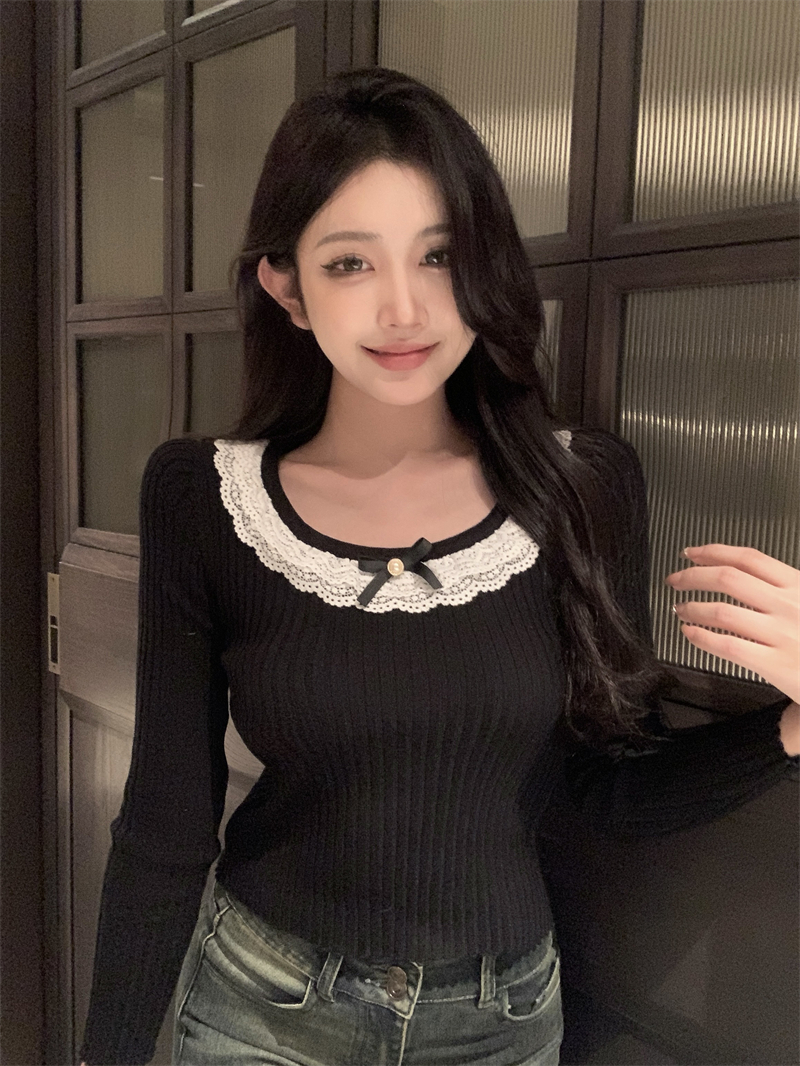 實拍 甜美秋冬內搭蕾絲花邊蝴蝶結打底針織衫