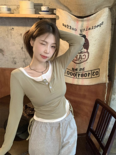 Official picture 300g cotton cashmere fake two-piece T-shirt women's autumn and winter right shoulder long-sleeved bottoming shirt round neck contrasting color top