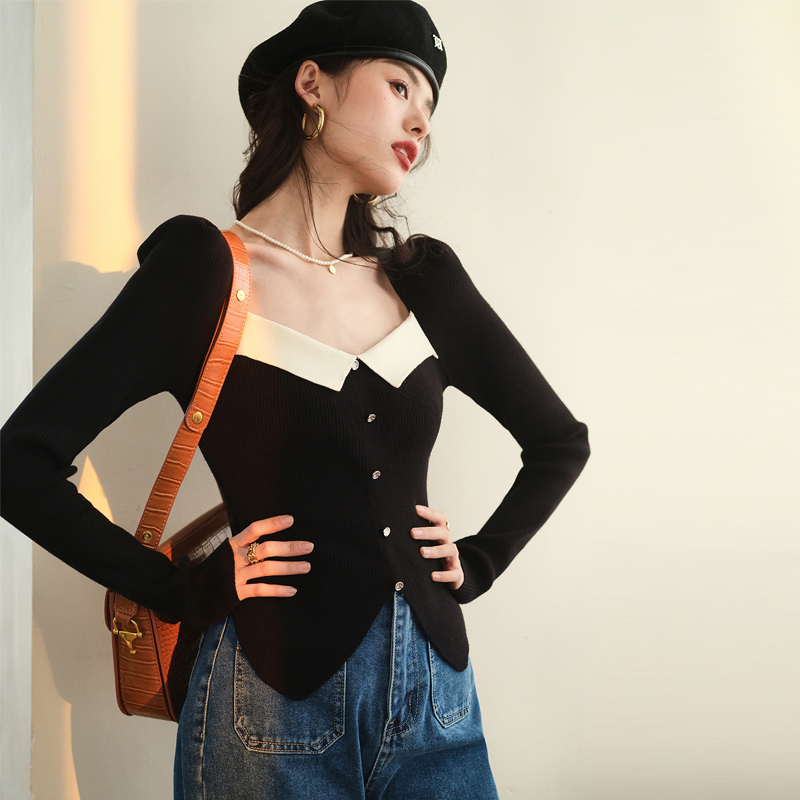 Temperament square collar contrasting color women's autumn and winter new design niche slim short bottoming shirt long-sleeved versatile top