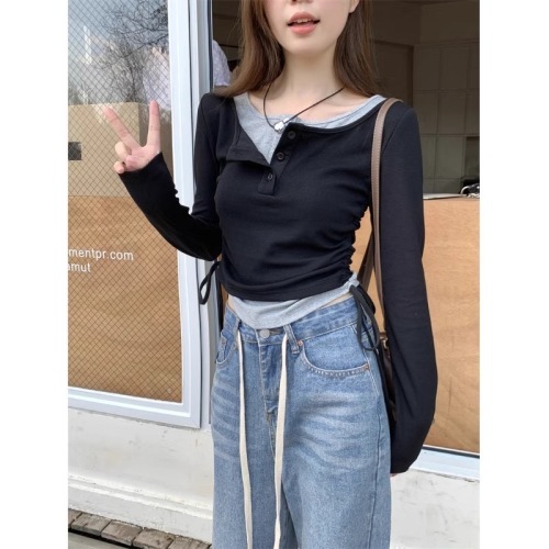 Official photo 300g cotton cashmere large size fake two-piece t-shirt for women autumn right shoulder long sleeve bottoming