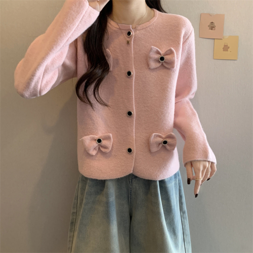 Actual shot of new small fragrant style round neck age-reducing college style bow-knot decorated sweater knitted cardigan for women