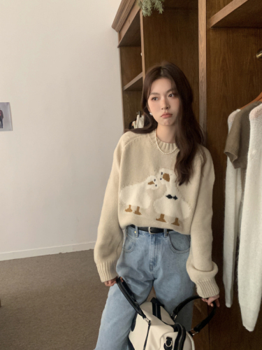 Actual shot ~ Big Goose Jacquard Round Neck Casual Sweater Korean Generation Thick Lined Long Sleeve Warm Knitted Top for Women