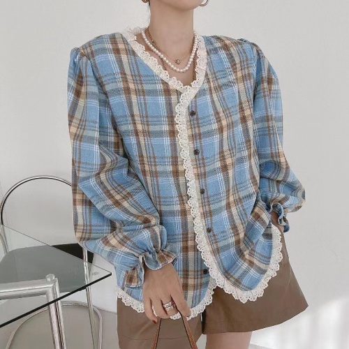 韩国chic法式小众甜美花边拼接V领泡泡袖格子衬衫上衣女