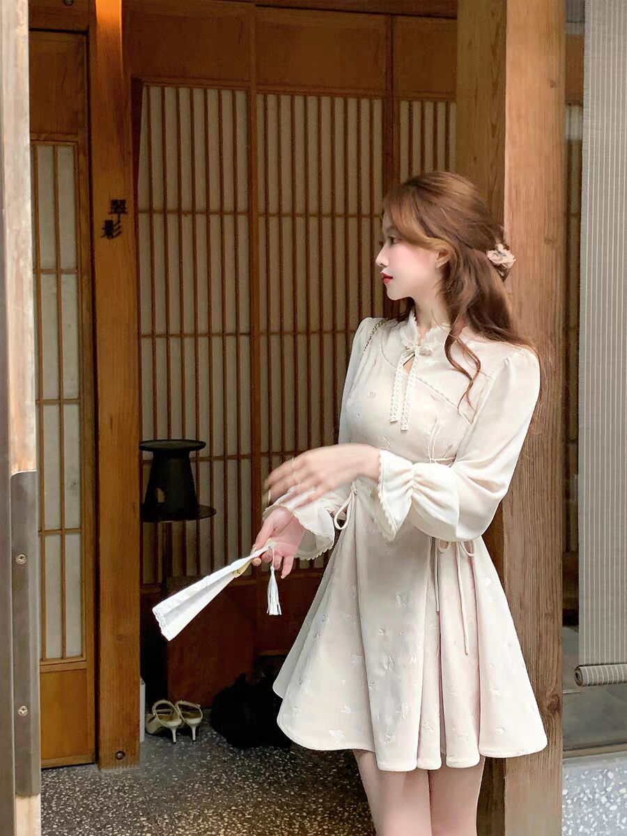 Q Girl’s Home 1/11 20:00Moshang Xingcha/Jiangnan New Chinese Style Girl’s Velvet Jacquard Slim Dress