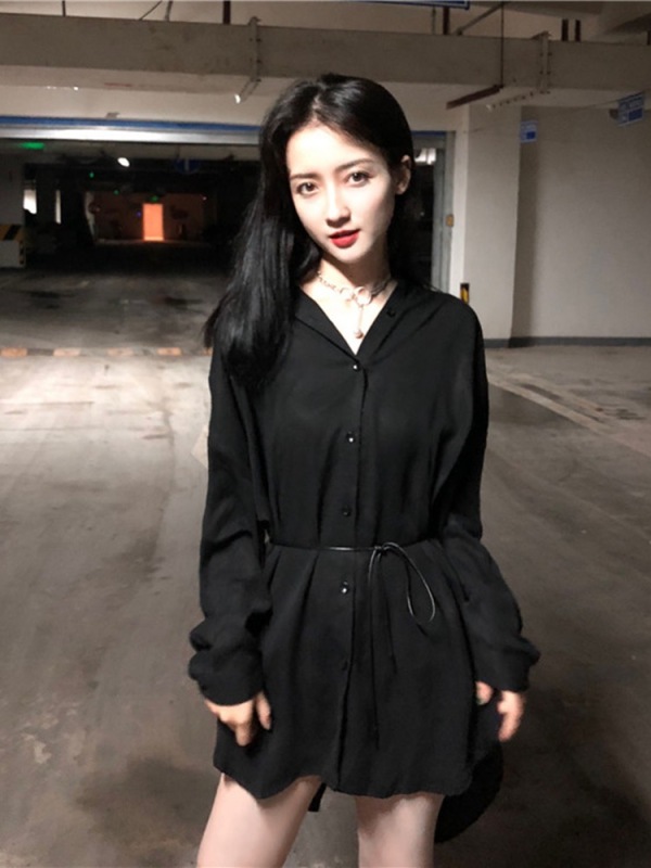 Hong Kong style retro V-neck splicing design swallowtail long-sleeved single-breasted loose slim shirt versatile shirt with belt