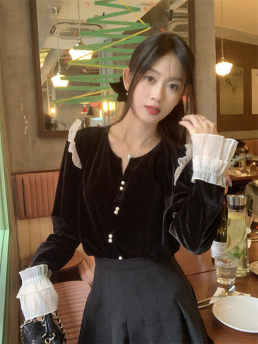 实拍 V领单排扣长袖荷叶边甜美衬衫气质韩系时尚设计感小众上衣