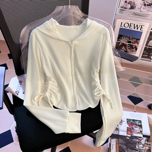 New Korean version of real-shot spring and autumn long-sleeved T-shirts for women, hooded drawstring tops, jackets, single wear and trendy outer wear