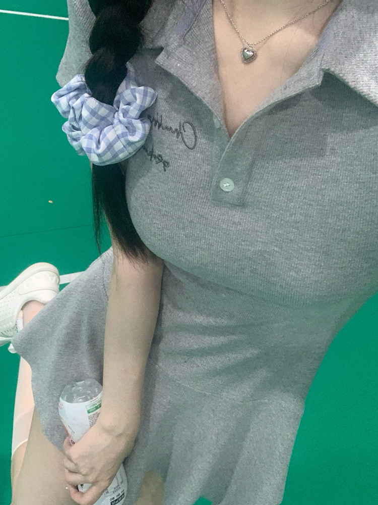 polo領休閒運動灰色氣質收腰短裙子女夏裝純欲風超顯身材連衣裙女