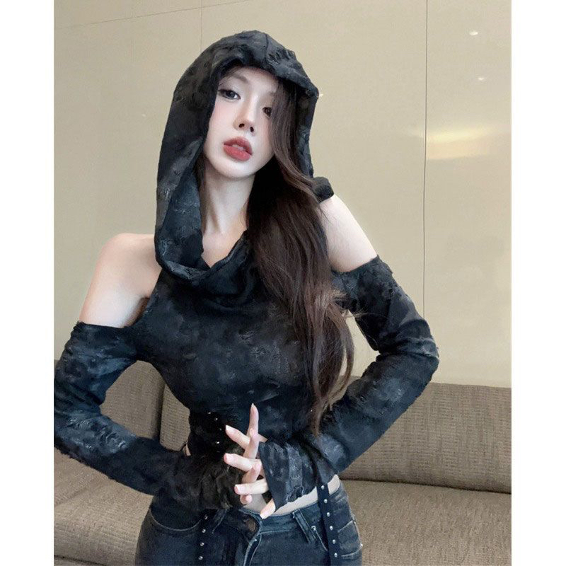 Cool hot girl assassin style hooded shoulder shoulder spring and autumn women's long-sleeved T-shirt versatile slim crop top