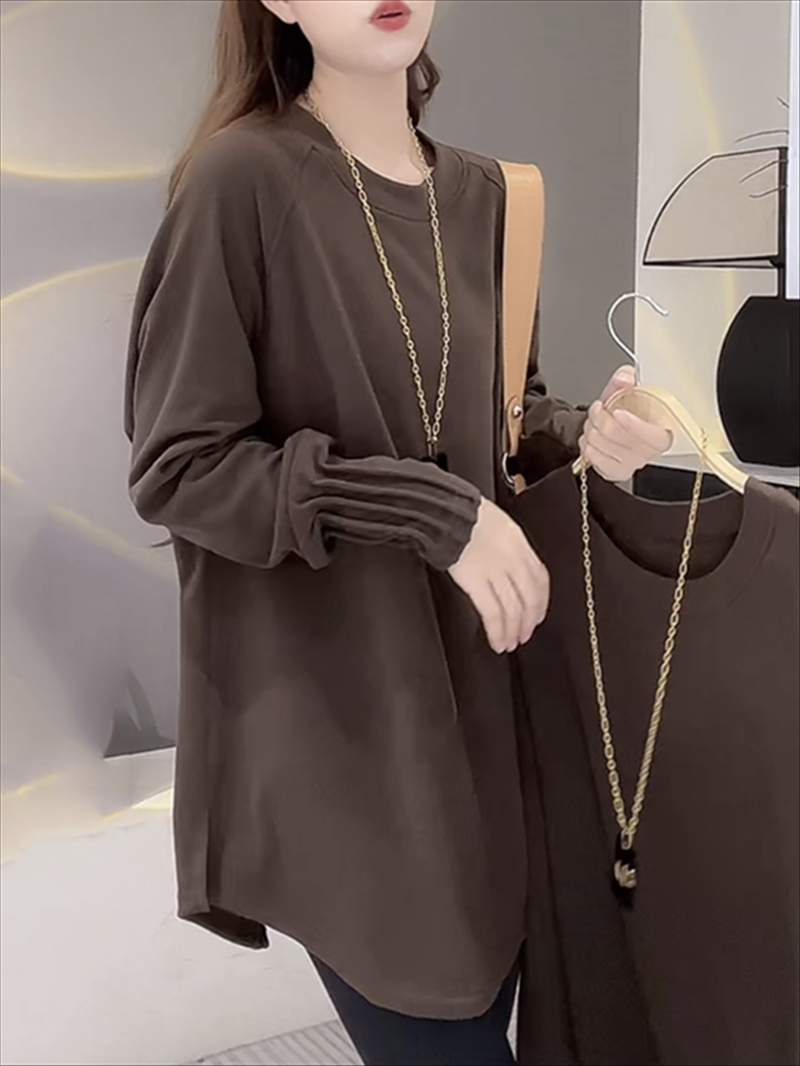 Brushed plus velvet mid-length T-shirt women's long-sleeved autumn and winter pleated sleeves curved slit cover *** German velvet bottoming top