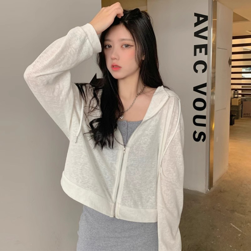 Official photo Mesh hooded sun protection clothing for women spring and autumn thin loose long-sleeved salt cardigan short jacket versatile