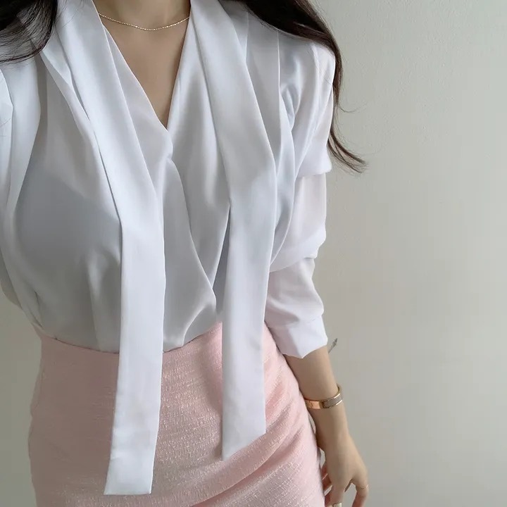 韓版時尚V領蝴蝶結系帶小杉襯衫