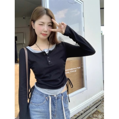 Official photo 300g cotton cashmere large size fake two-piece t-shirt for women autumn right shoulder long sleeve bottoming