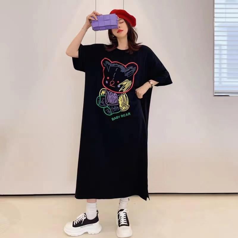 夏季韓系彩色塗鴉熊印花開叉短袖連衣裙寬鬆百搭裙子