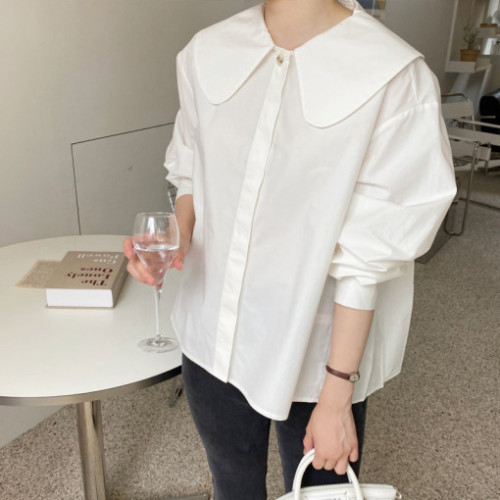 Size update chic spring new design pleated back loose baby doll collar long-sleeved shirt top