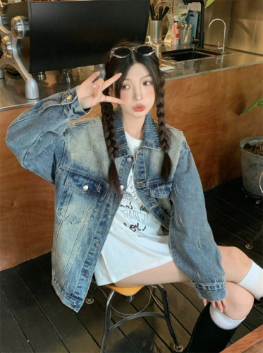 Actual shot~Boyfriend style old frayed denim jacket for women autumn thin loose slimming Korean style lazy style top