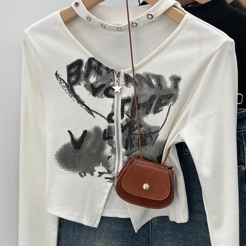 Early spring and autumn unique and chic American retro sweet and cool hot girl short v-neck halter top bottoming shirt women's long-sleeved T-shirt