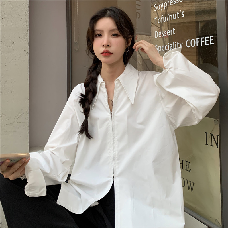 實拍 2024春夏韓版新款白色襯衫女設計感小眾可內搭疊穿拉鏈襯衣