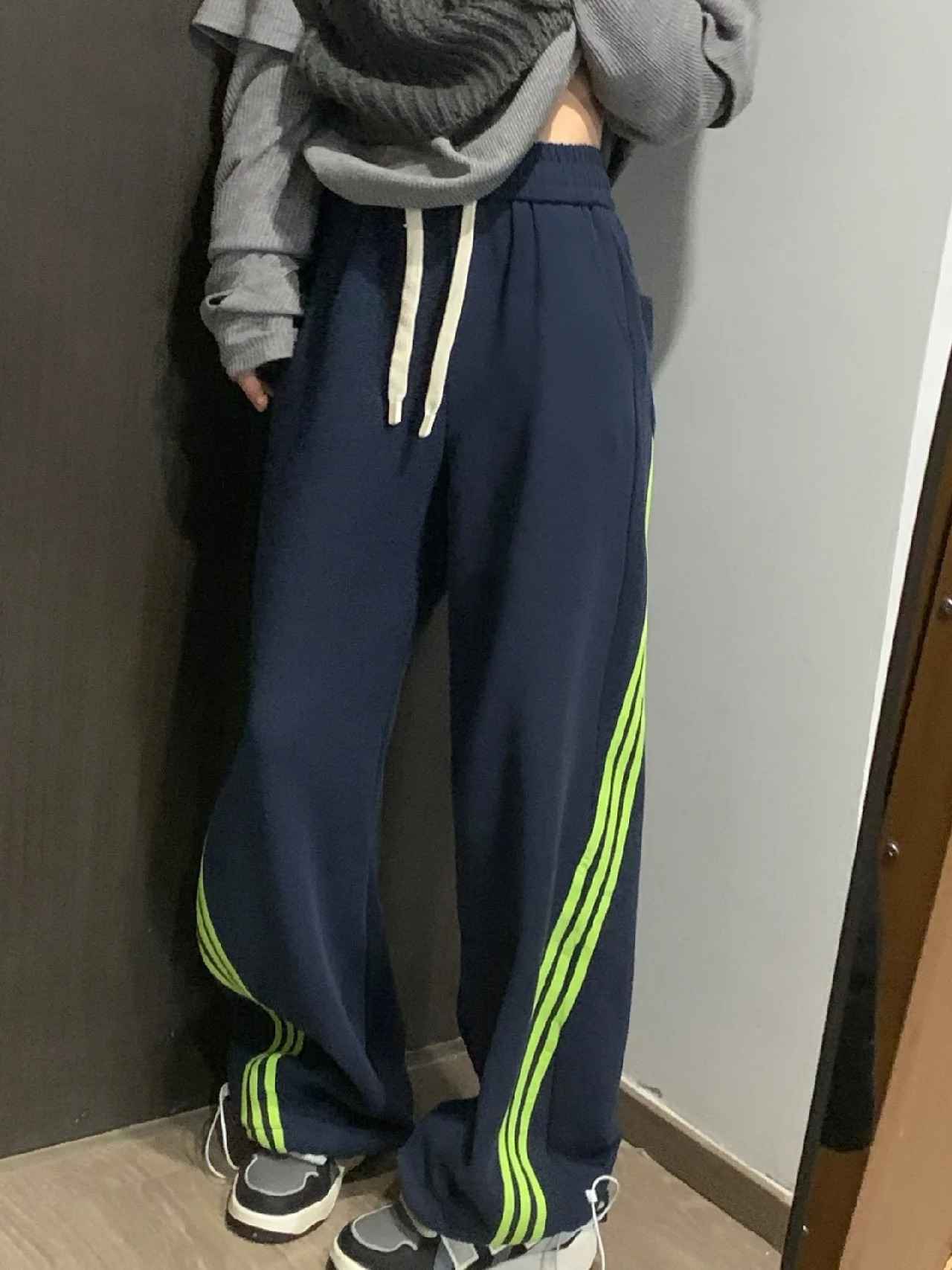 純棉華棉美式復古高腰闊腿休閒褲設計感松三條杆拖地衛褲
