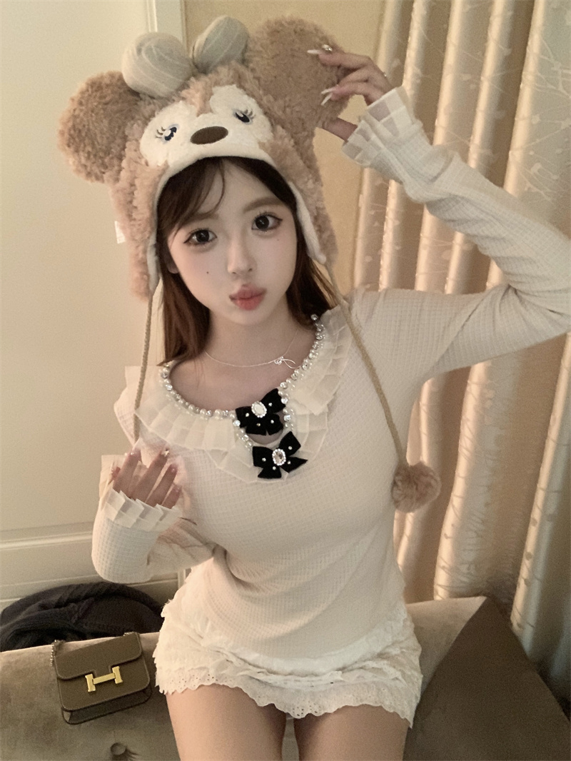 6586#Real shot of 2024 spring new cream color ear-shaped waist slimming beaded top