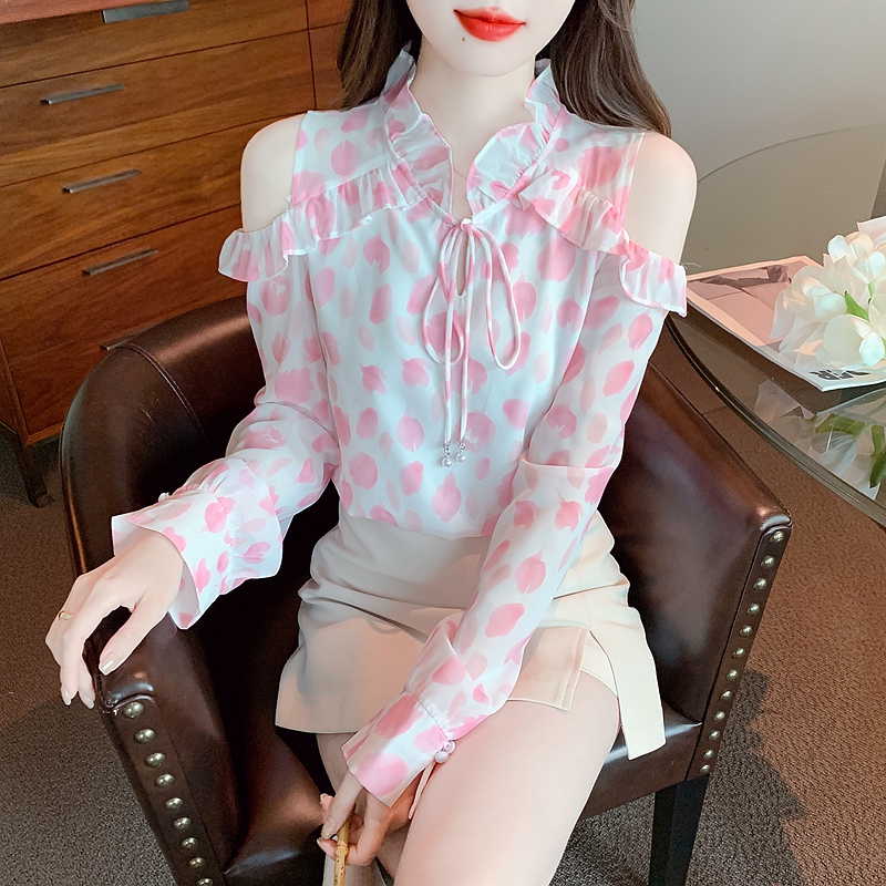 French gentle off-shoulder floral chiffon shirt with a niche ruffled shirt and forest-style girly pink top