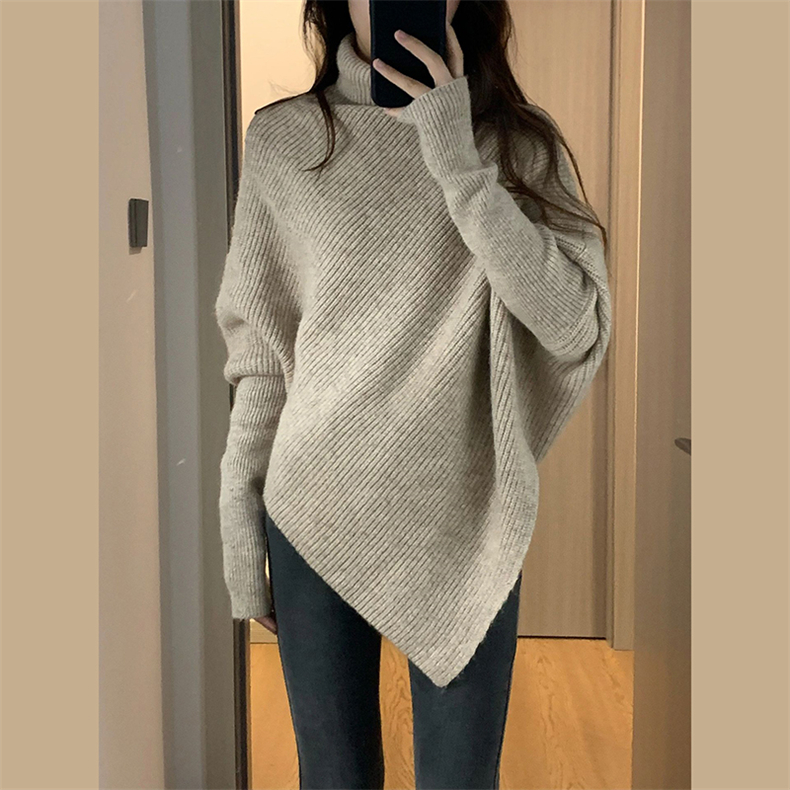 設計感不規則慵懶風高領毛衣女秋季新款氣質百搭寬鬆針織上衣