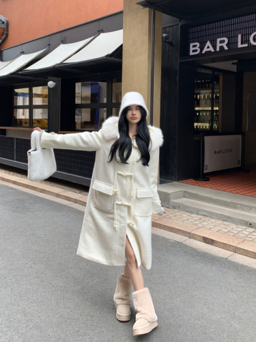 Actual shot of spring, autumn and winter new Korean style loose mid-length thickened hooded fur collar woolen coat for women