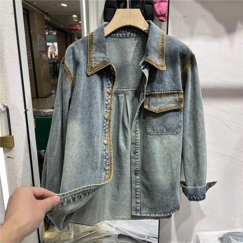 2024 Spring New Fashion Color Block Denim Shirt Women's Long Sleeve Retro Loose Casual Shirt Jacket