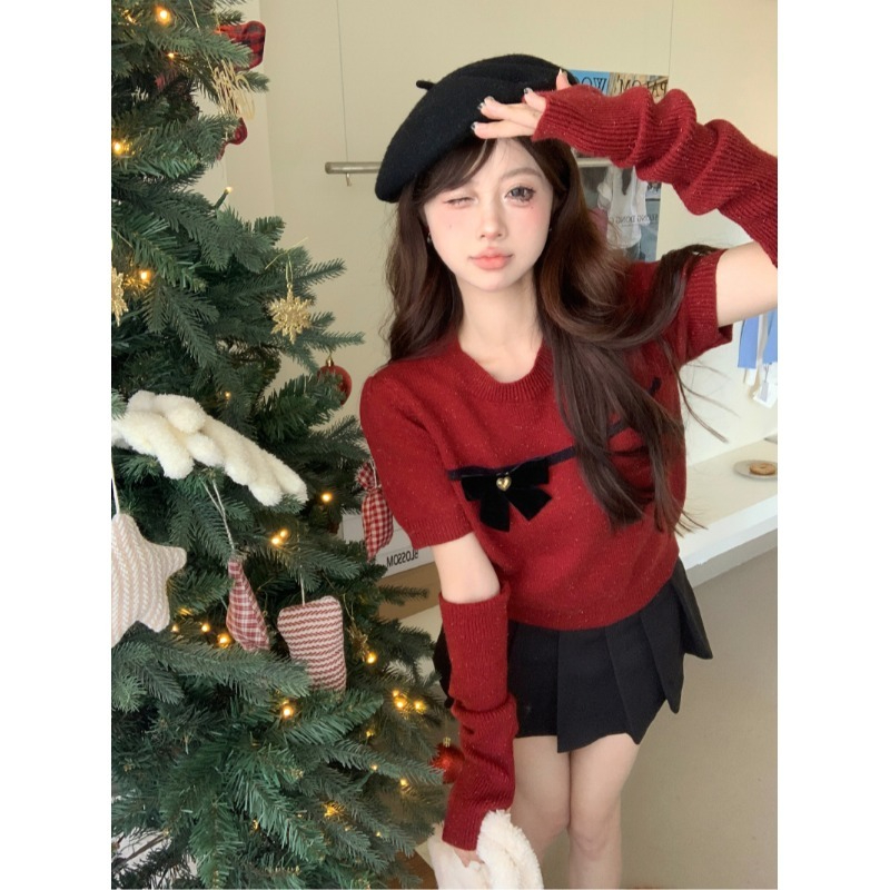 聖誕新年紅色毛衣女秋冬氛圍感針織法式蝴蝶結袖套上衣