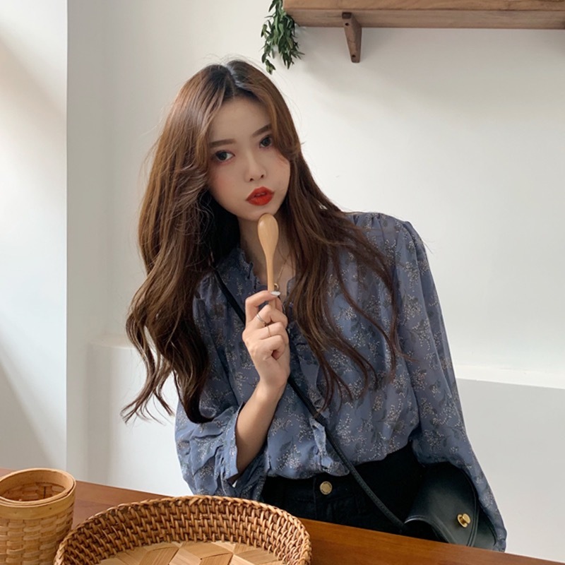 New Internet celebrity Korean style loose chiffon floral long-sleeved shirt for women summer thin style sun protection tops