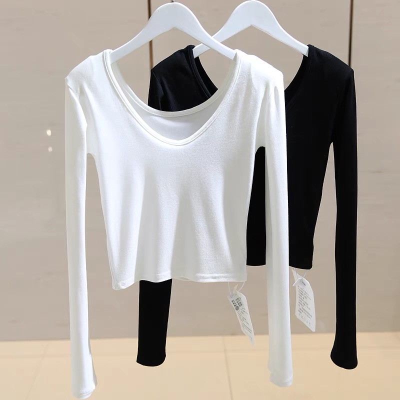 White V-neck shoulder-padded T-shirt women's long-sleeved 2024 spring new slim-fitting short style slim inner bottoming shirt top fashion