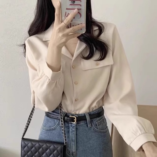 韩国chic春季百搭气质西装领金属单排扣双口袋宽松休闲长袖衬衫女