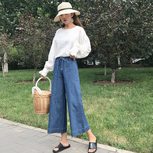 Real shot of Korean code fat girl chic style wide-leg jeans for women retro high-waisted straight pants nine-point wide-leg pants