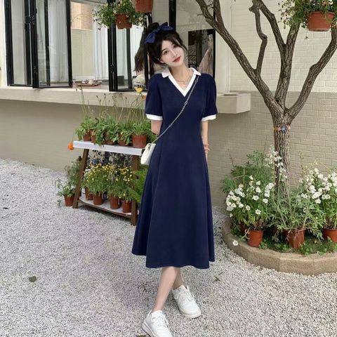 polo領連衣裙女夏季2024新款胖mm收腰顯瘦V領短裙設計感遮肉長裙
