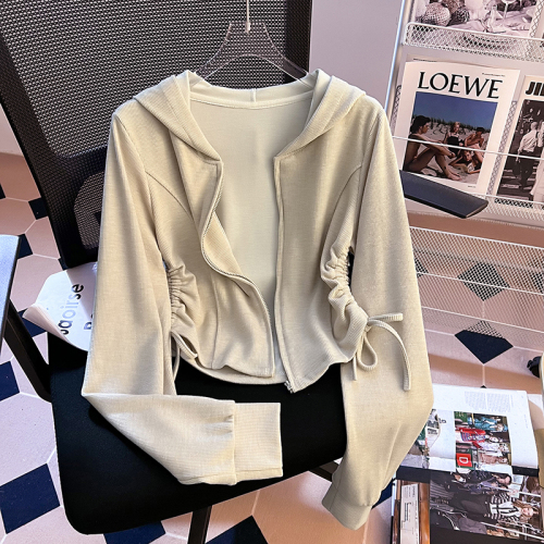 New Korean version of real-shot spring and autumn long-sleeved T-shirts for women, hooded drawstring tops, jackets, single wear and trendy outer wear