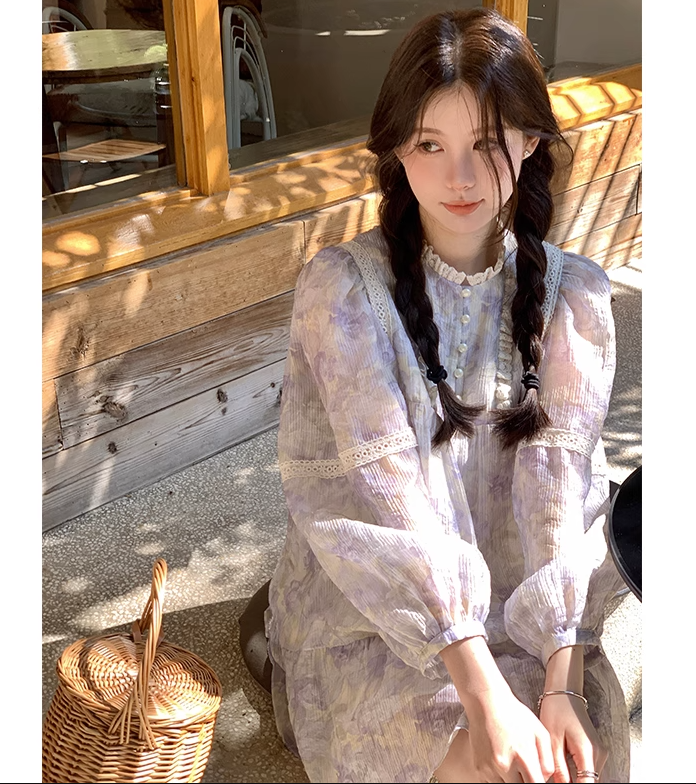 2024春蕾絲拼接法式女氣質娃娃裙溫柔初戀公主裙海邊三亞度假短裙