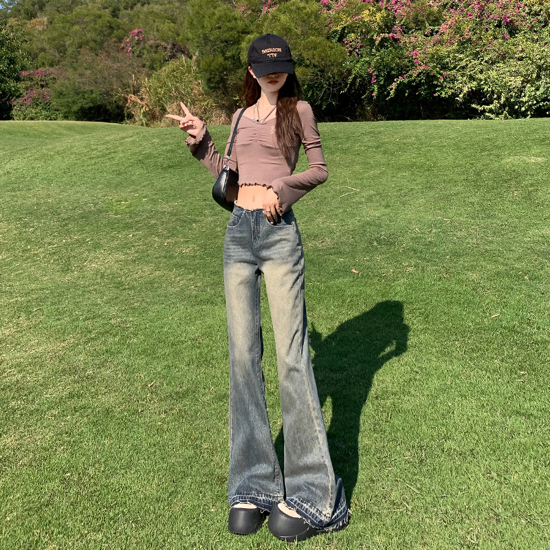 實拍 復古微喇叭牛仔褲女2024春季新款特色褲腰毛邊拖地闊腿褲