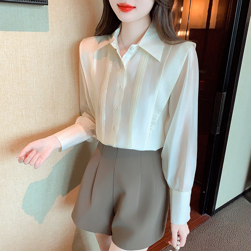 高端天絲雪紡上衣女歐洲站2024春裝新款小眾設計感長袖polo領襯衣