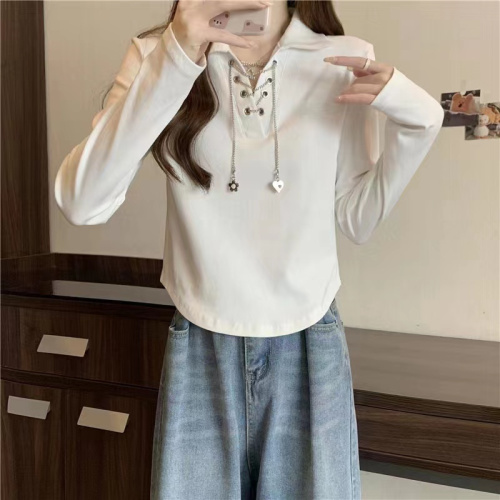 Actual shot of 2024 spring new POLO collar long-sleeved T-shirt irregular chain shoulder slimming top