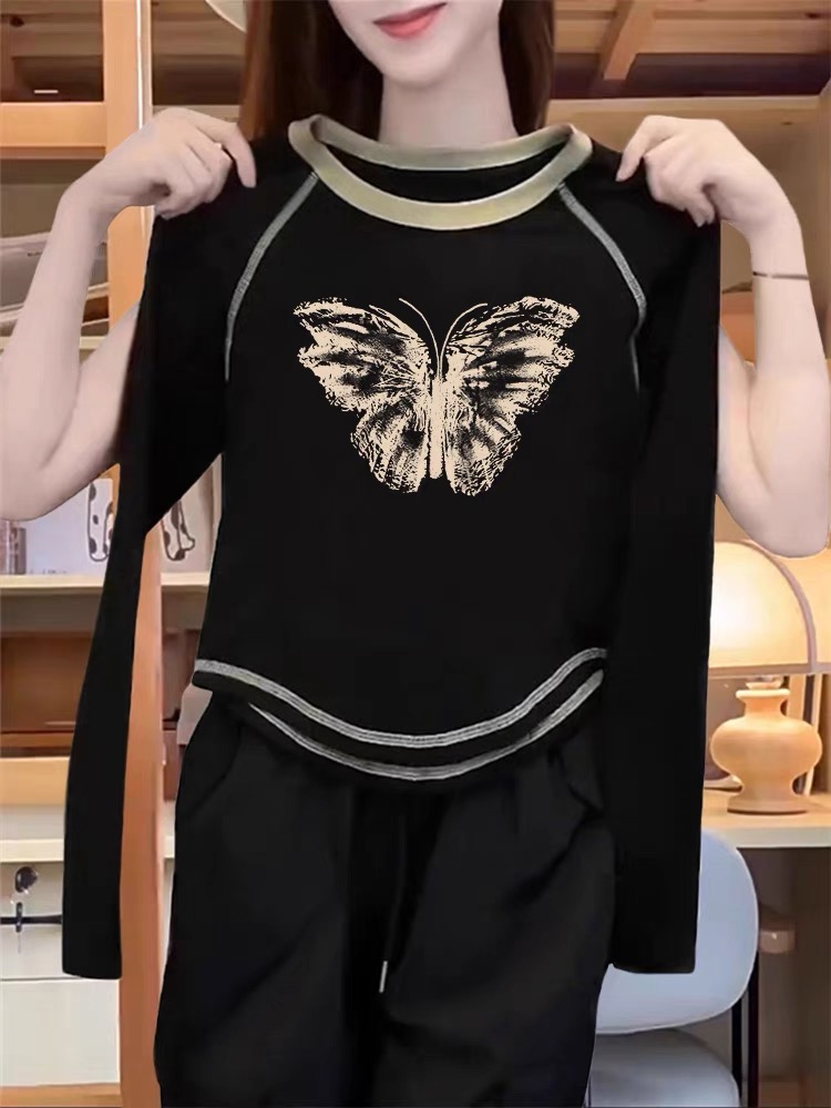 High-waisted short tops for women in spring, autumn and winter, new American retro slim T-shirts, niche pure cotton inner layering shirts
